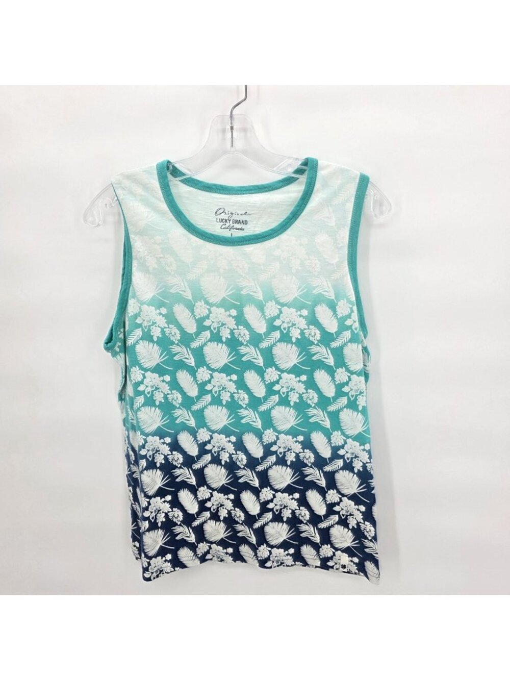 Lucky Brand Tank Top Womens L Blue Tropical Floral Sleeveless Hawaiian Ombre